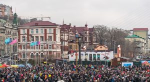 Pole for prize during winter carnival Maslenitsa.